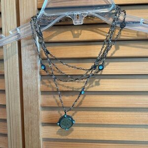 Elegant Multi-Layered Silver Necklace with Green Stones